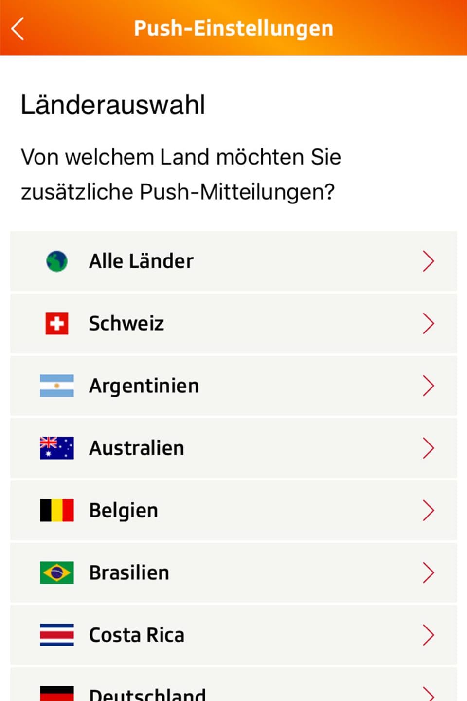 Screenshot der Länderauswahl