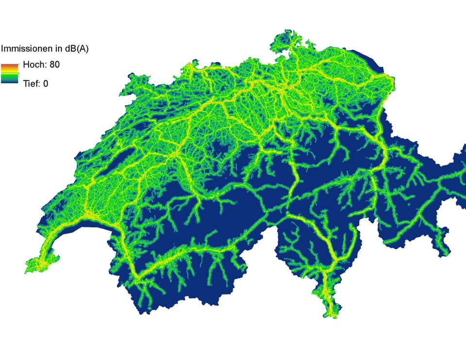 Die Karte zeigt die rechnerisch ermittelte Lärmbelastung der Schweiz bei Nacht.