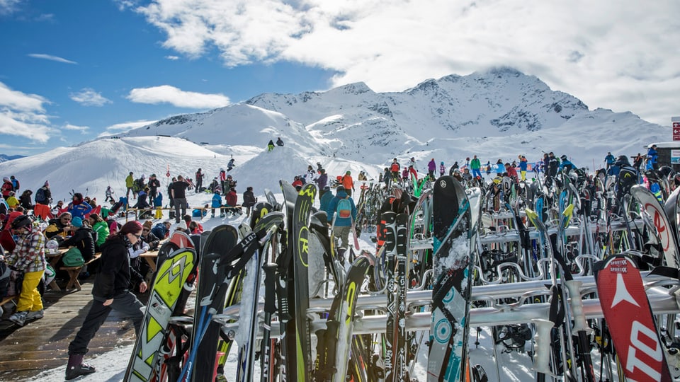 Viele Skis auf Skiständer vor Bergpanorama