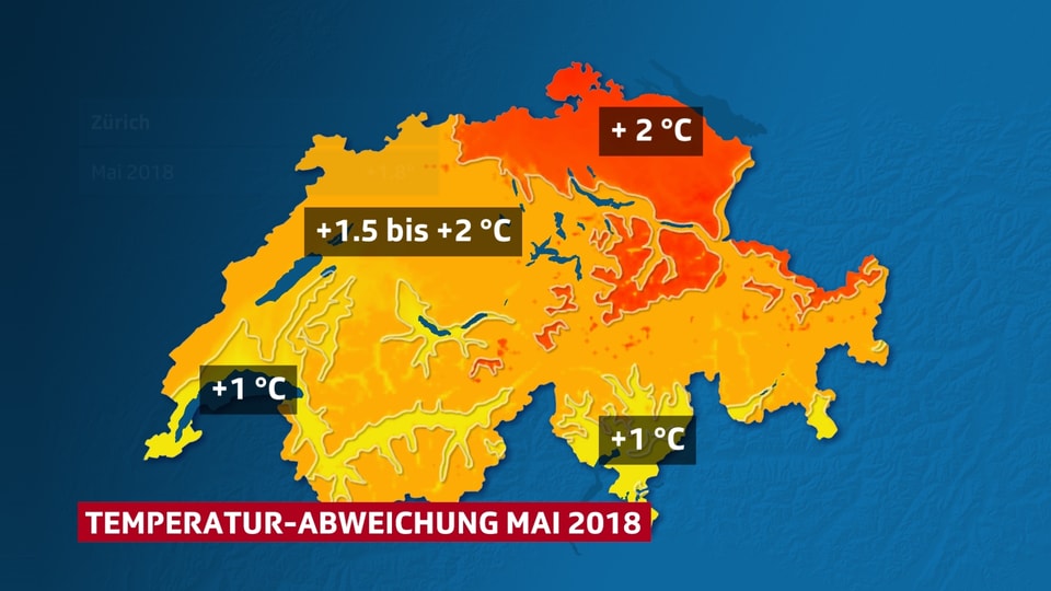 Schweizkarte: farbig dargestellt die Temperaturabweichung gegenüber den längjährigen Beobachtungen.