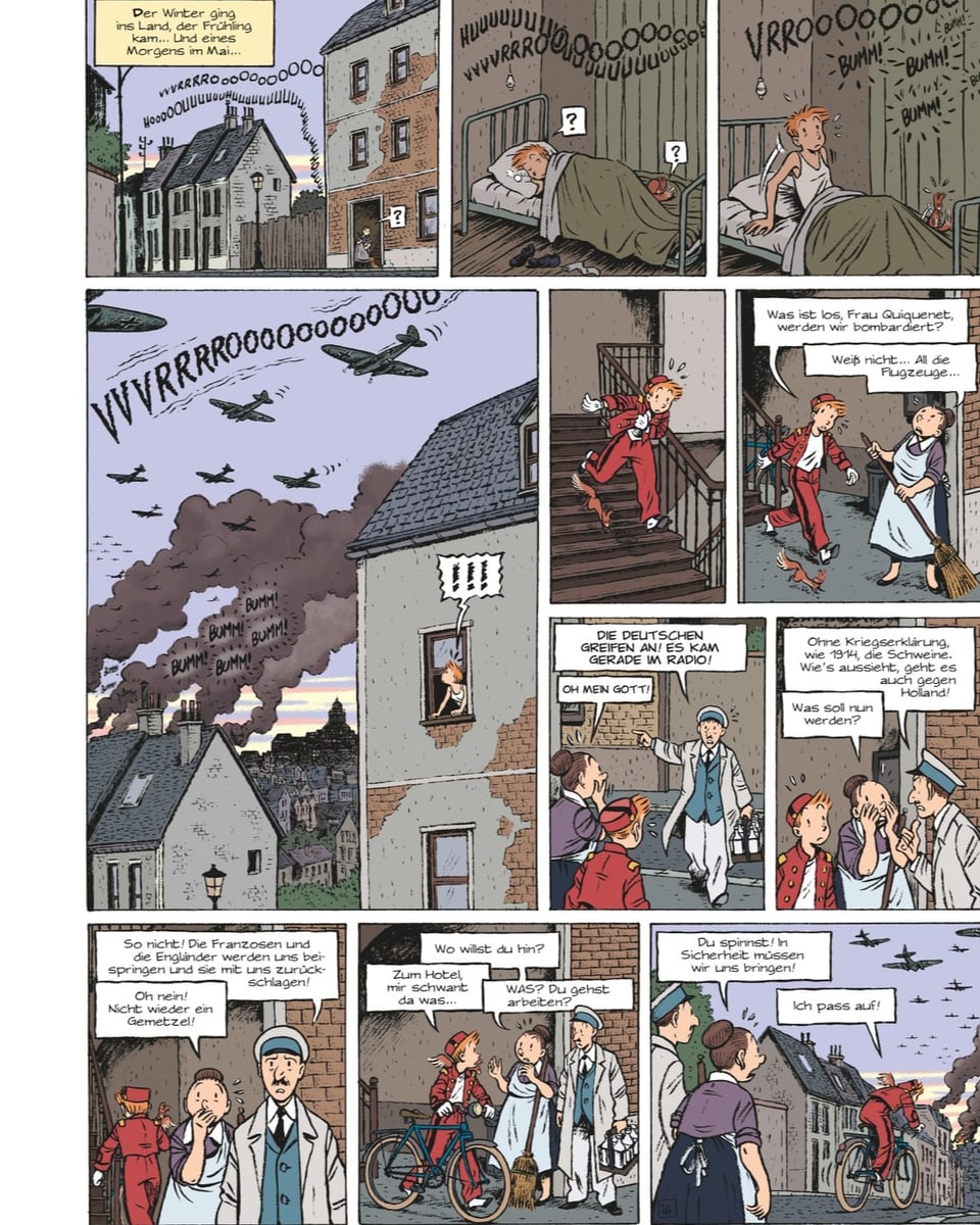 Comicseite: Kriegsflugzeuge fliegen über ein Dorf, ein Junge wacht auf, die Bevölkerung fürchtet sich