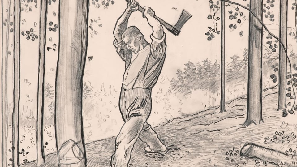 Bleistiftzeichnung Mann vor Baum, schwingt Axt.