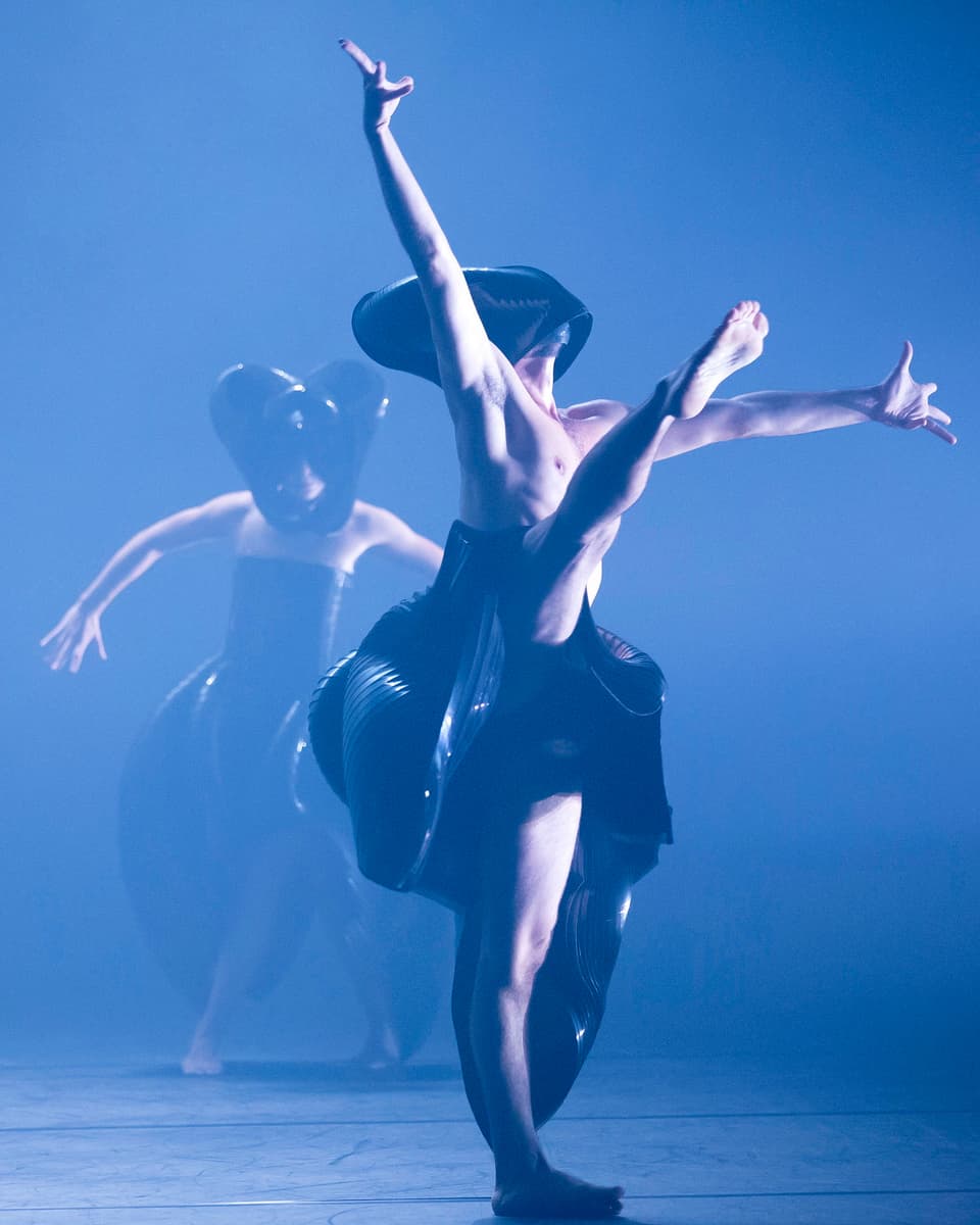 Ein Tänzer in einem schwarzen Kostüm streckt sich gen Himmel.