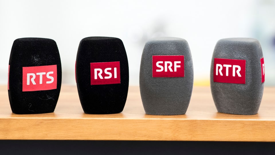 Mikrofon-Windschutzhüllen mit den Logos von RTS, RSI, SRF und RTR.