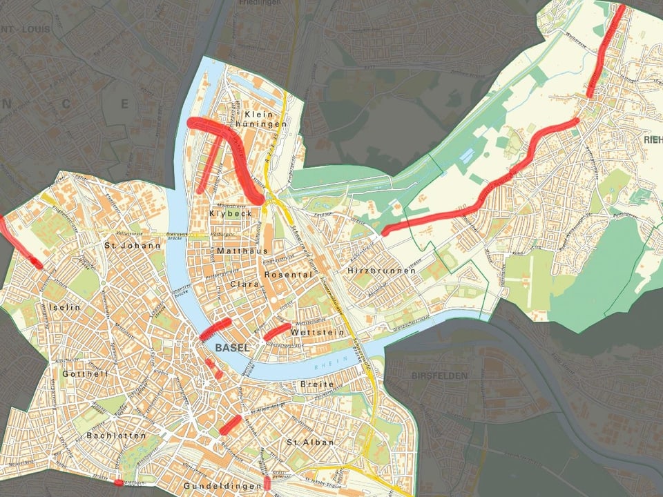 Karte von Basel. Abschnitte, wo Arbeiten an Trangeleisen anstehen, sind rot eingefärbt.
