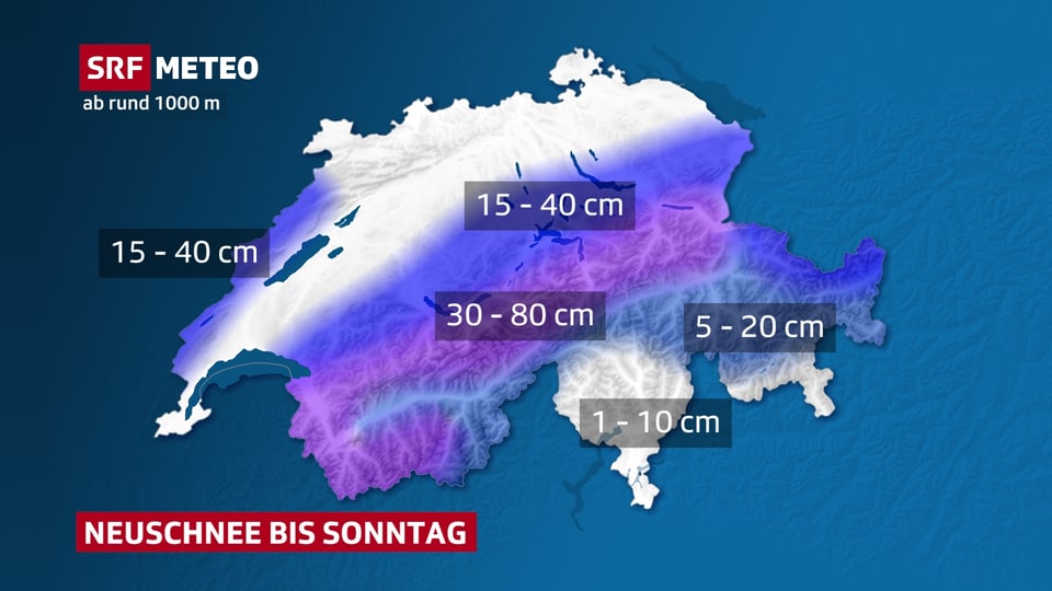 Schweizer Karte mit Neuschneemengen bis Sonntag