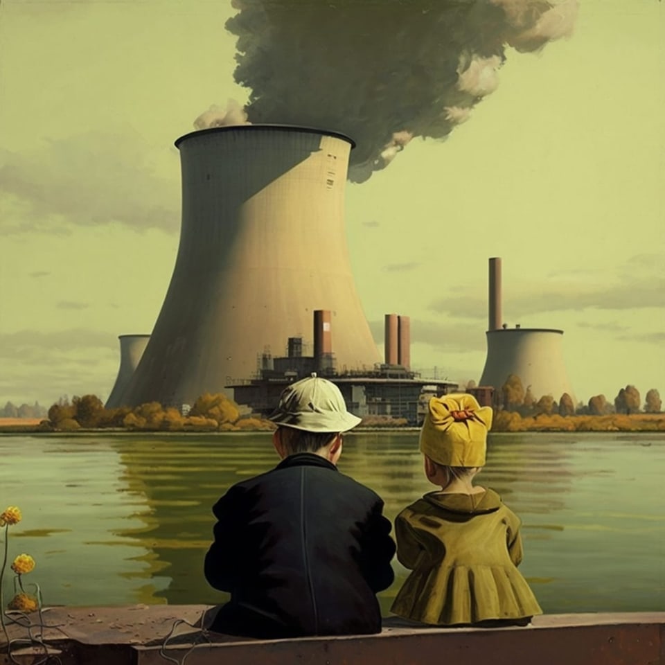 Illustration im Öl-Gemälde-Stil, zwei Kinder mit Mützen sitzen am Fluss, dahinter ein Atomkraftwerk