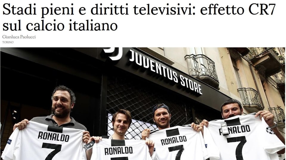 4 Männer halten ein Ronaldo-Shirt in die Kamera.
