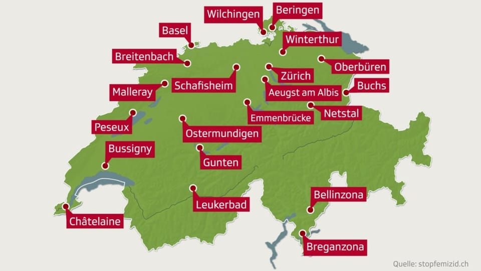 Mindestens 21 Femizide in der Schweiz seit 1. Januar bis 16. Oktober 2021.  Abgebildet mit den 21 Ortschaften der Tat.