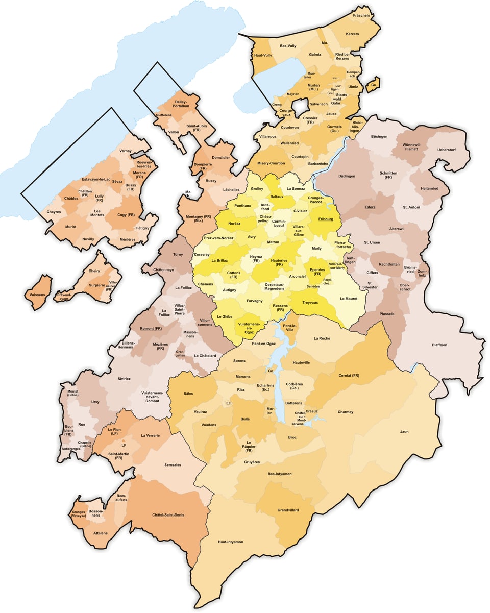 Karte des Kantons Freiburg.