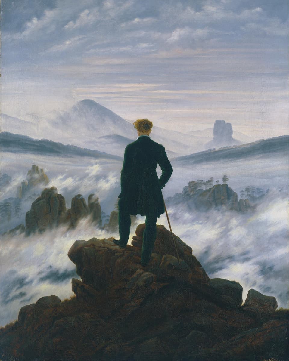 Gemälde von einer bergigen und hügeligen Landschaft mit braunen Felsen. Zentral im Bild ein Mann in Rückenansicht 