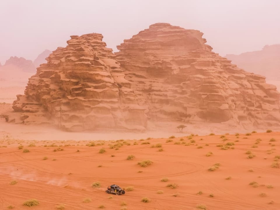 Ein Ralley-Auto fährt vor einem Berg durch.