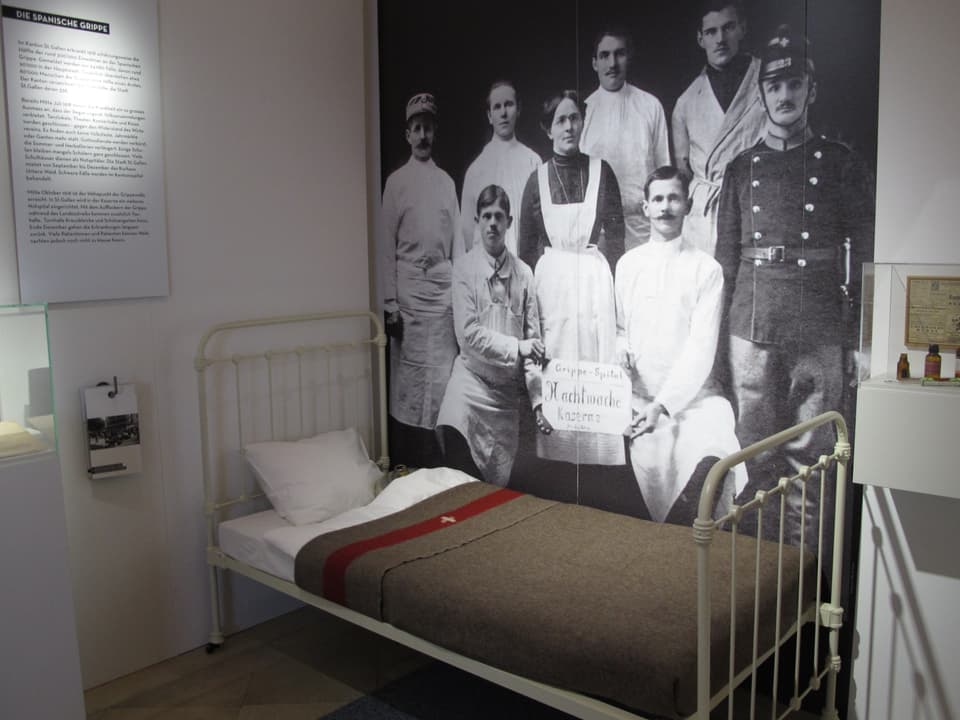 Bett mit Bild mit Ärzten drauf im Hintergrund