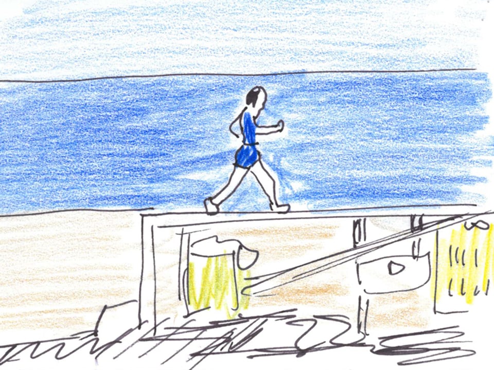 Zeichnung einer Gigur, die den Strand entlang läuft.