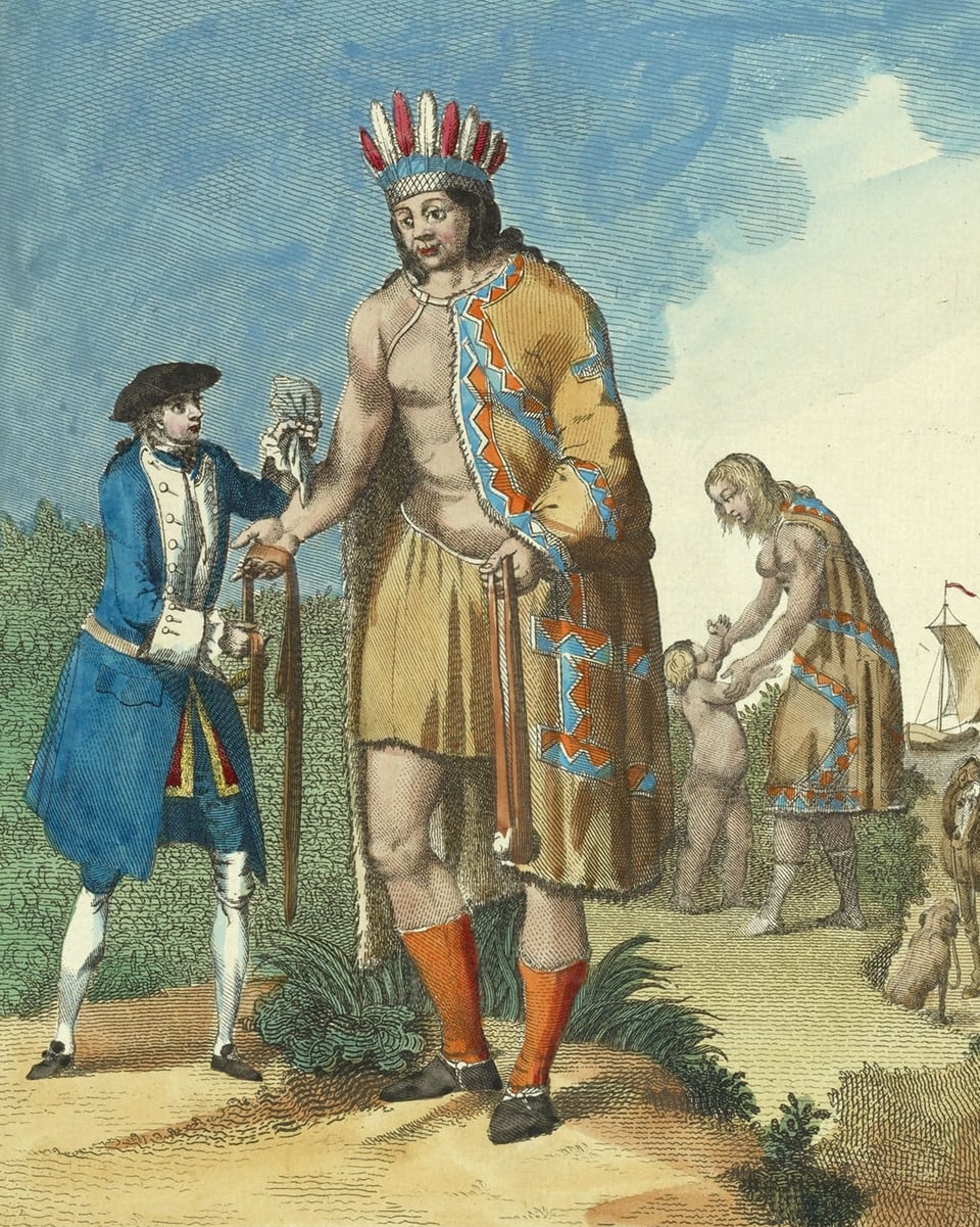 Abbildung eines indianischen Riesen, der neben einem kleinen, blau gekleideten Europäer steht.