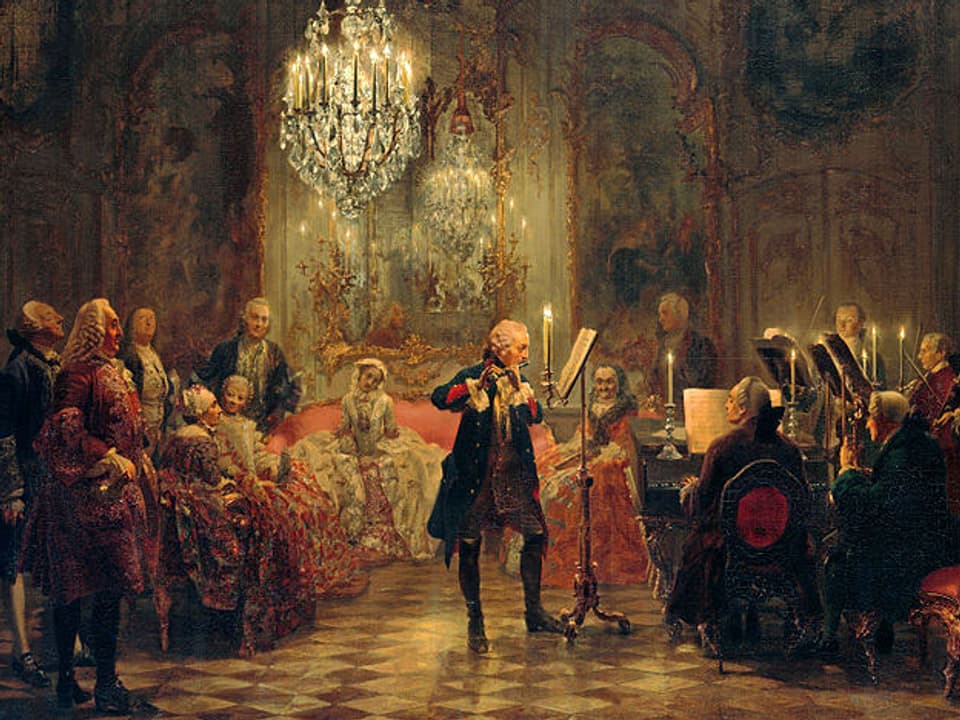 Ein Gemälde zeigt Friedrich den Grossen stehend Flöte spielend, Carl Philipp Emanuel Bach am Cembalo.