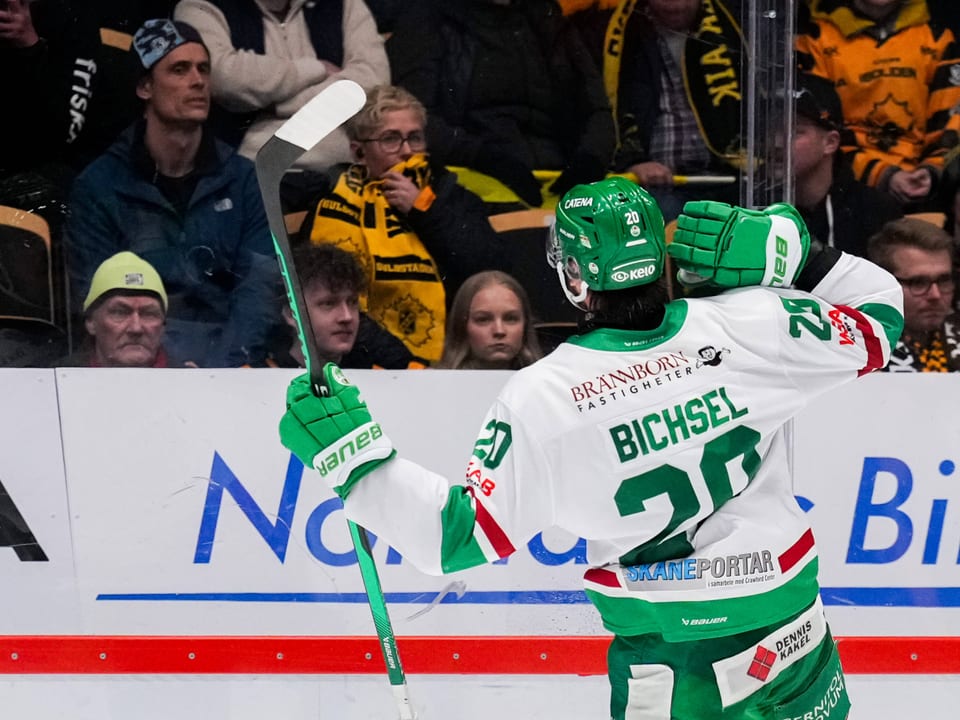 Eishockeyspieler in grünem Trikot feiert ein Tor vor Zuschauern.