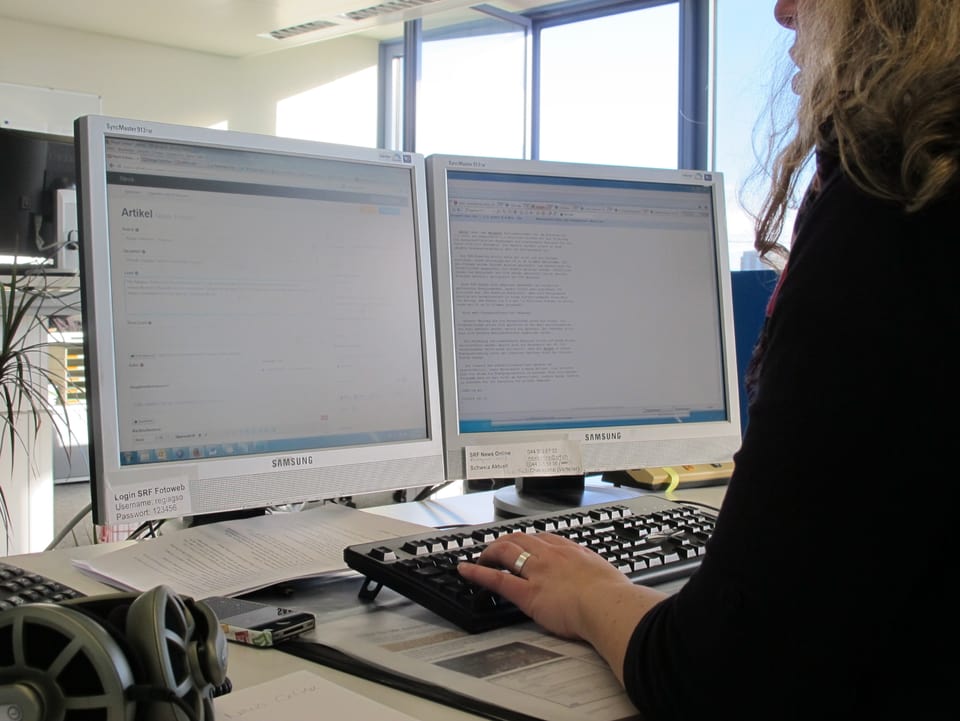 Die Online-Redaktorin arbeitet an einem Arbeitsplatz mit zwei Bildschirmen