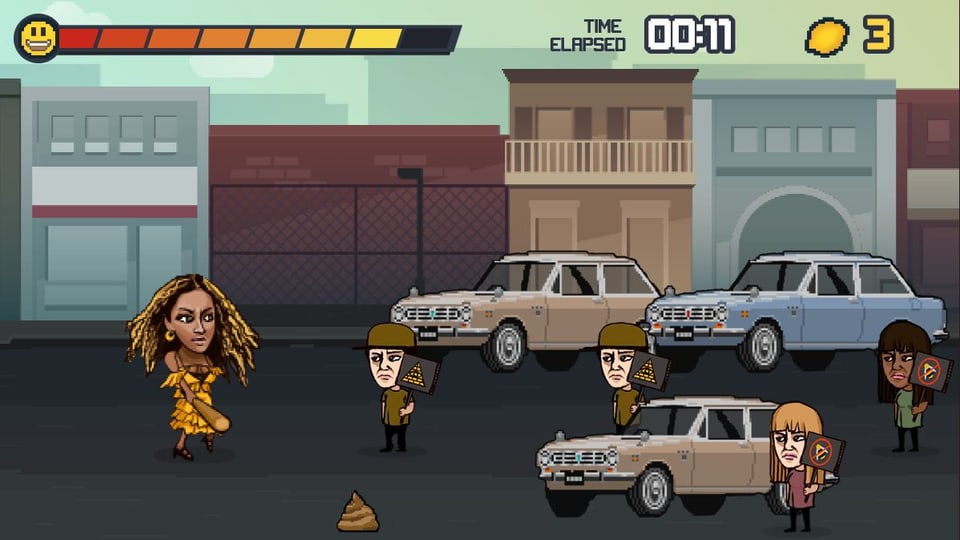 Computerspiel: Beyoncé läuft mit Baseballschlägern einer Strasse entlang.