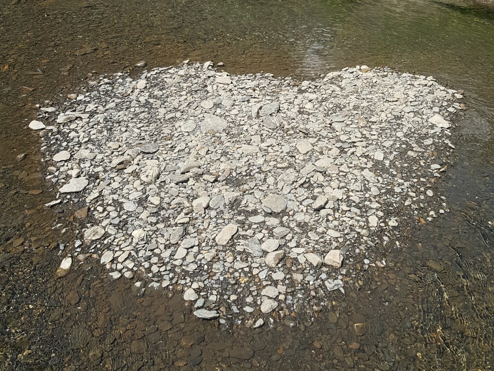 Herz aus Steinen in einem Flussbett.