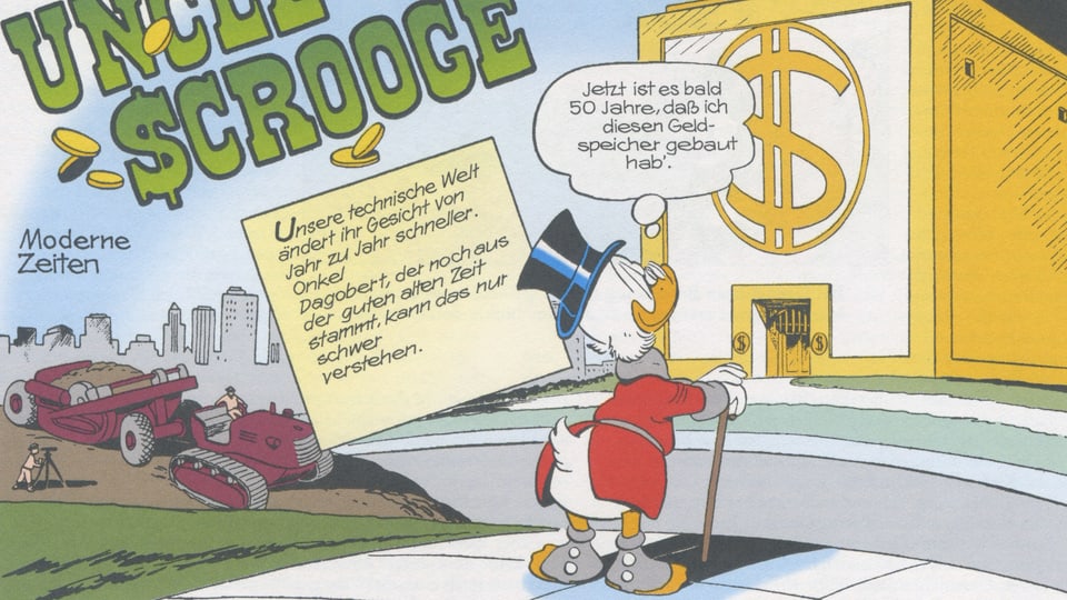 Dagobert Duck steht vor seinem Geldspeicher.