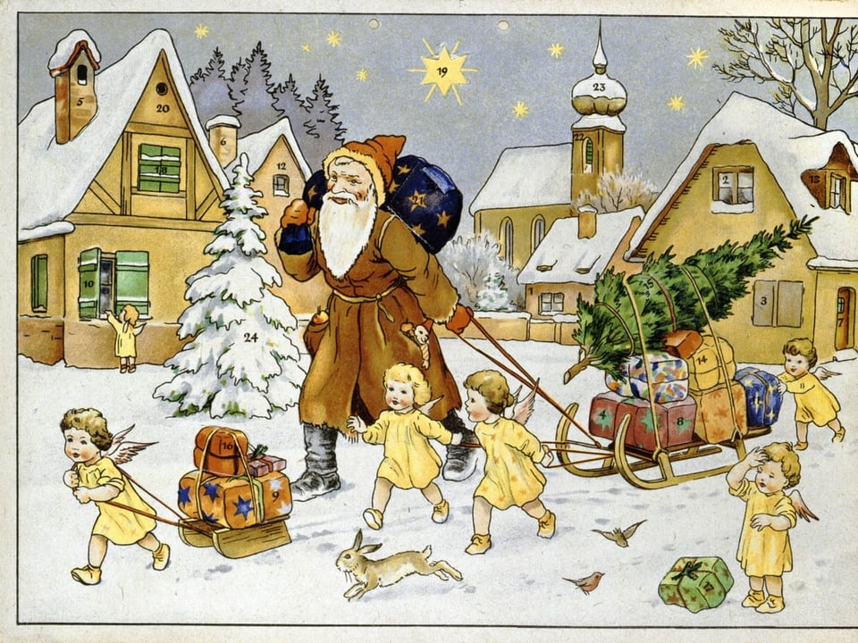 Gezeichneter Adventskalender: Ein Nikolaus zieht einen Schlitten mit Geschenken, begleitet von Engeln