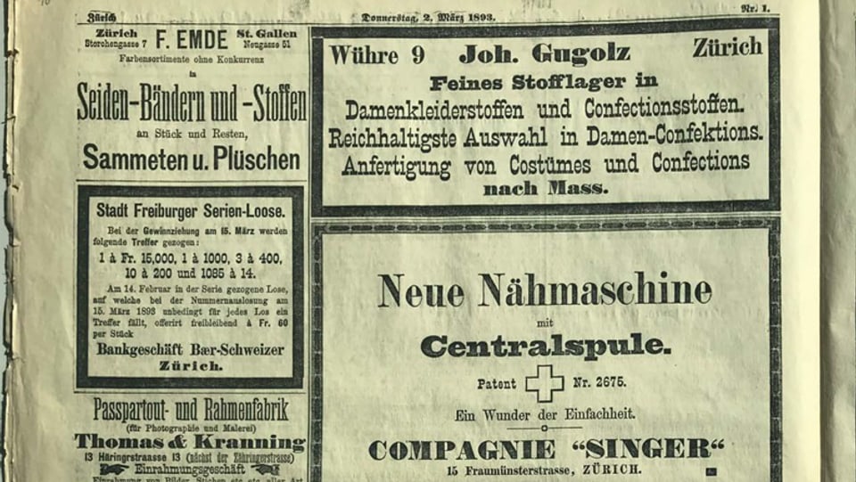 Anzeigen aus dem Jahr 1893, unter anderem für neue Nähmaschinen und Damenkleiderstoffe.