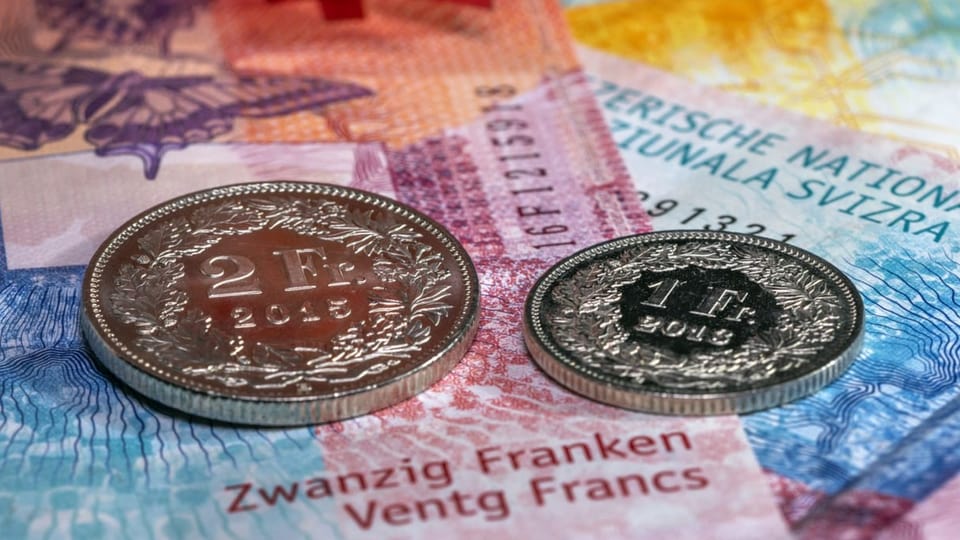 Schweizer Banknoten und zwei Münzen.