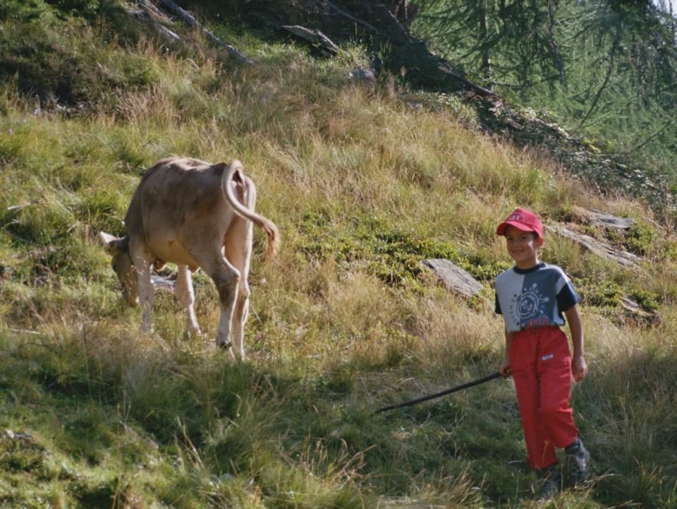 Matteo als Kind mit einer Kuh.