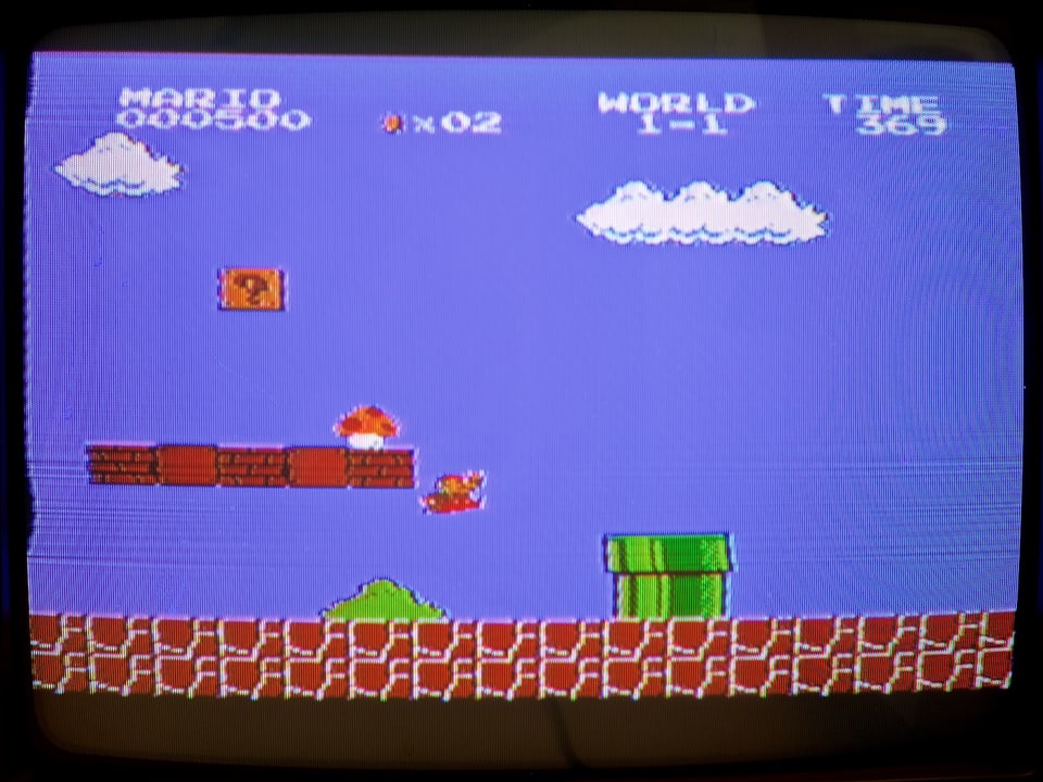 Der zweite Bildschirm, mit Pilz. Gleich wird Mario zu Super Mario.