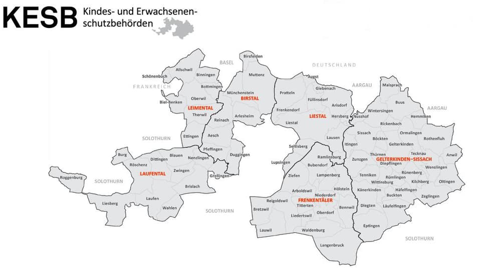 Karte mit Aufteilung der sechs Kindes- und Erwachsenenschutzbehörden im Baselbiet