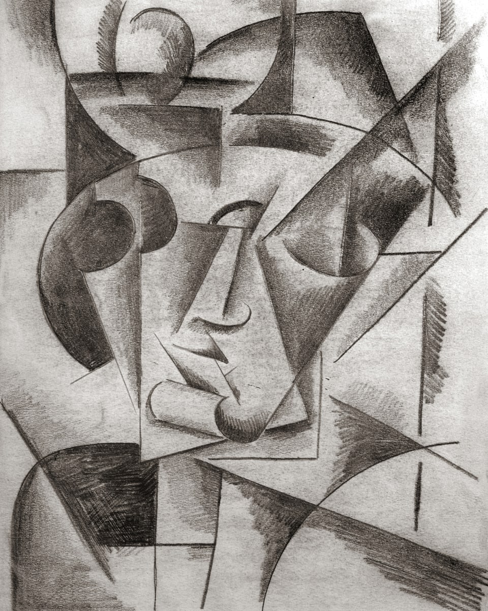 Das Bild «Head», gemalt von Lyubov Popova, zeigt in schwarz-weisser, abstrakter Malerei einen Kopf.