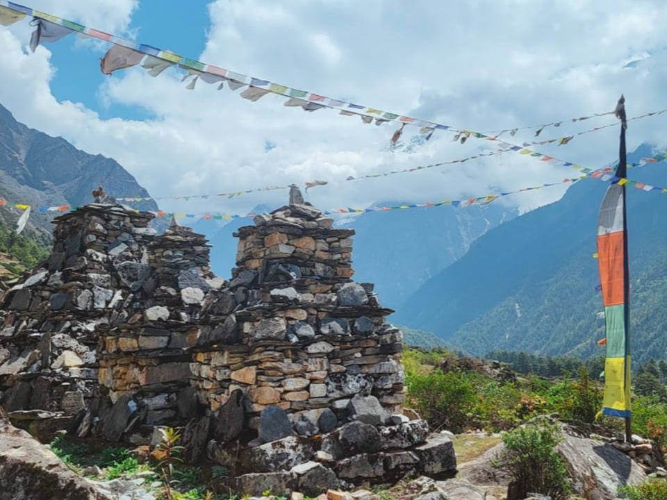 Tibetan prayer flags can be found everywhere when hiking in the mountains of northern Nepal.