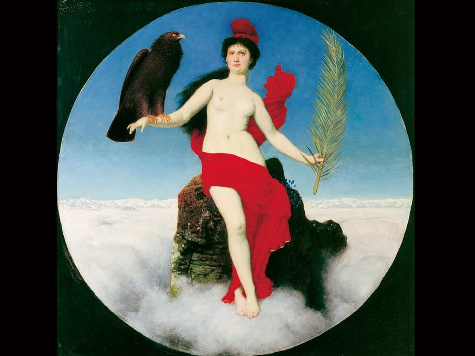 nackte Frau sitzt auf einem Stein, rotes Tuch um sie geschlungen, Adler auf dem rechten Arm, Pfauenfeder in der linken