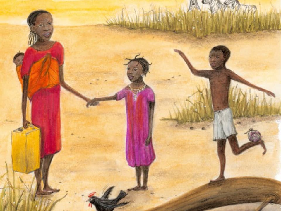 Zeichnung aus dem Bilderbuch «Der grosse Wunsch»: Das afrikanische Mädchen Semaya mit der Mutter und den Geschwistern. 