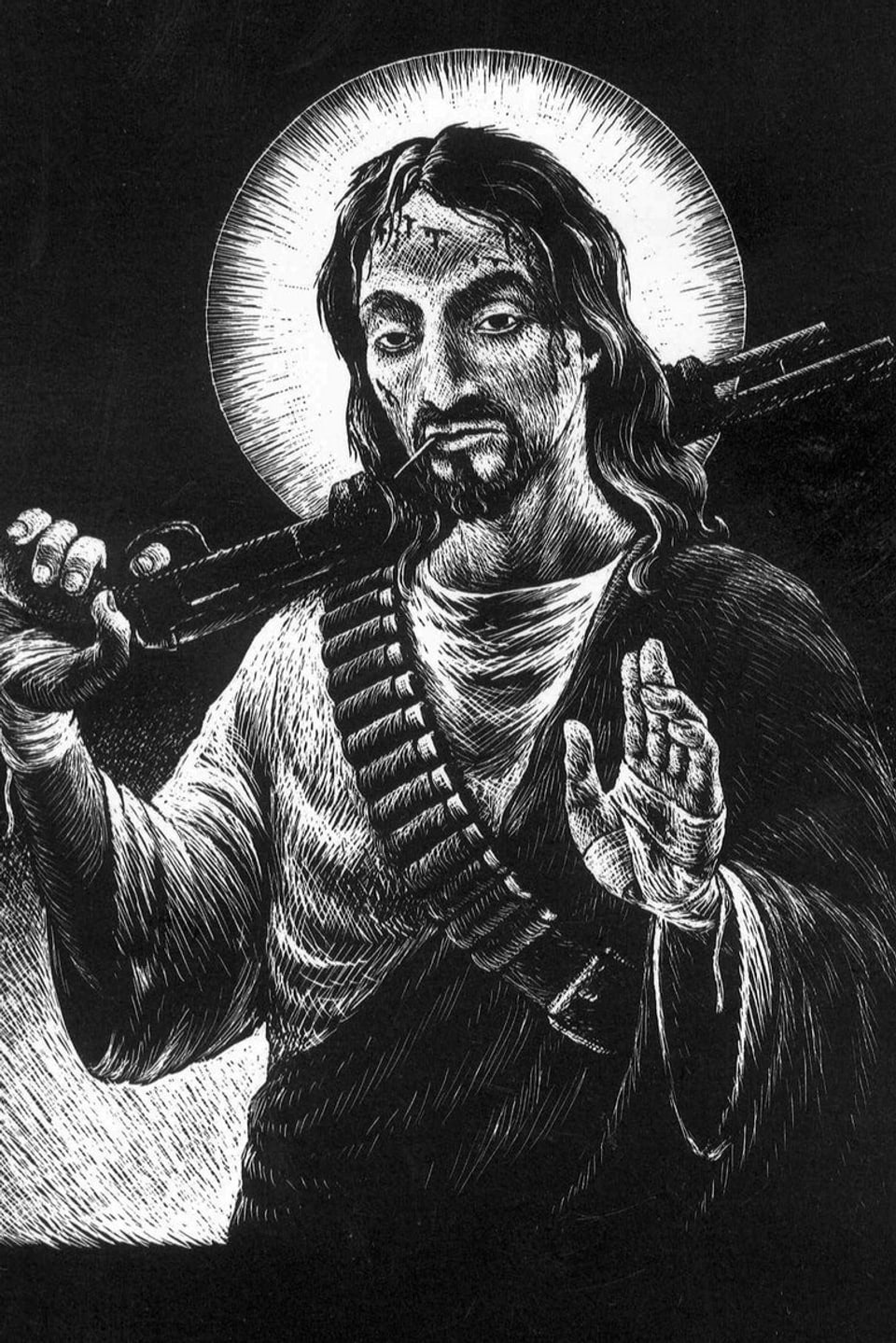 Eine Grafikzeichnung von Jesus mit Heiligenschein und Schrotflinte.