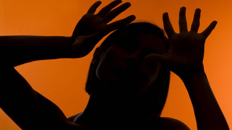 Silhouette einer gestikulierenden Frau vor farbigem Hintergrund.
