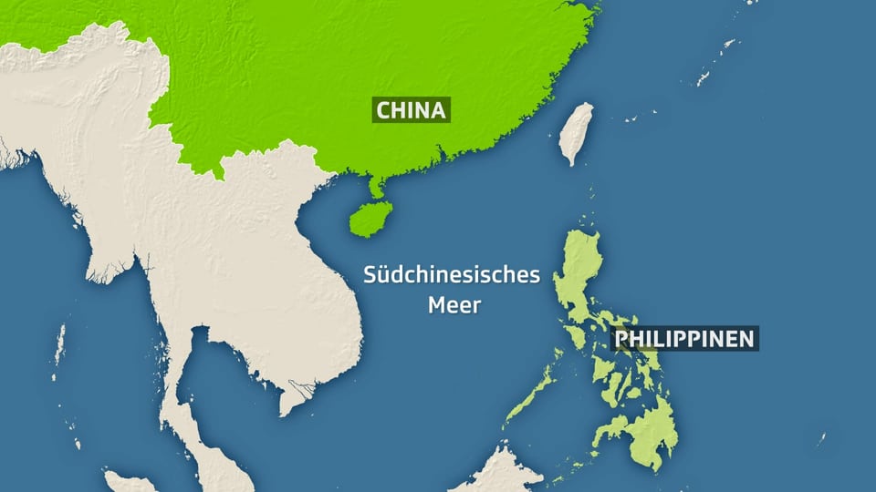 Die Philippinen, das Südchinesische Meer und China auf einer Karte