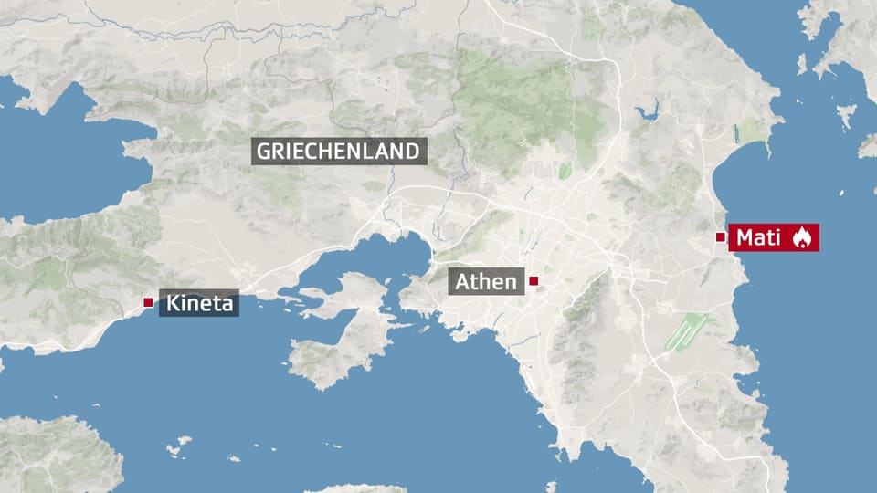 Karte von Griechenland mit Punkten bei Athen, Kineta (westlich von Athen) und Mati (östlich von Athen).