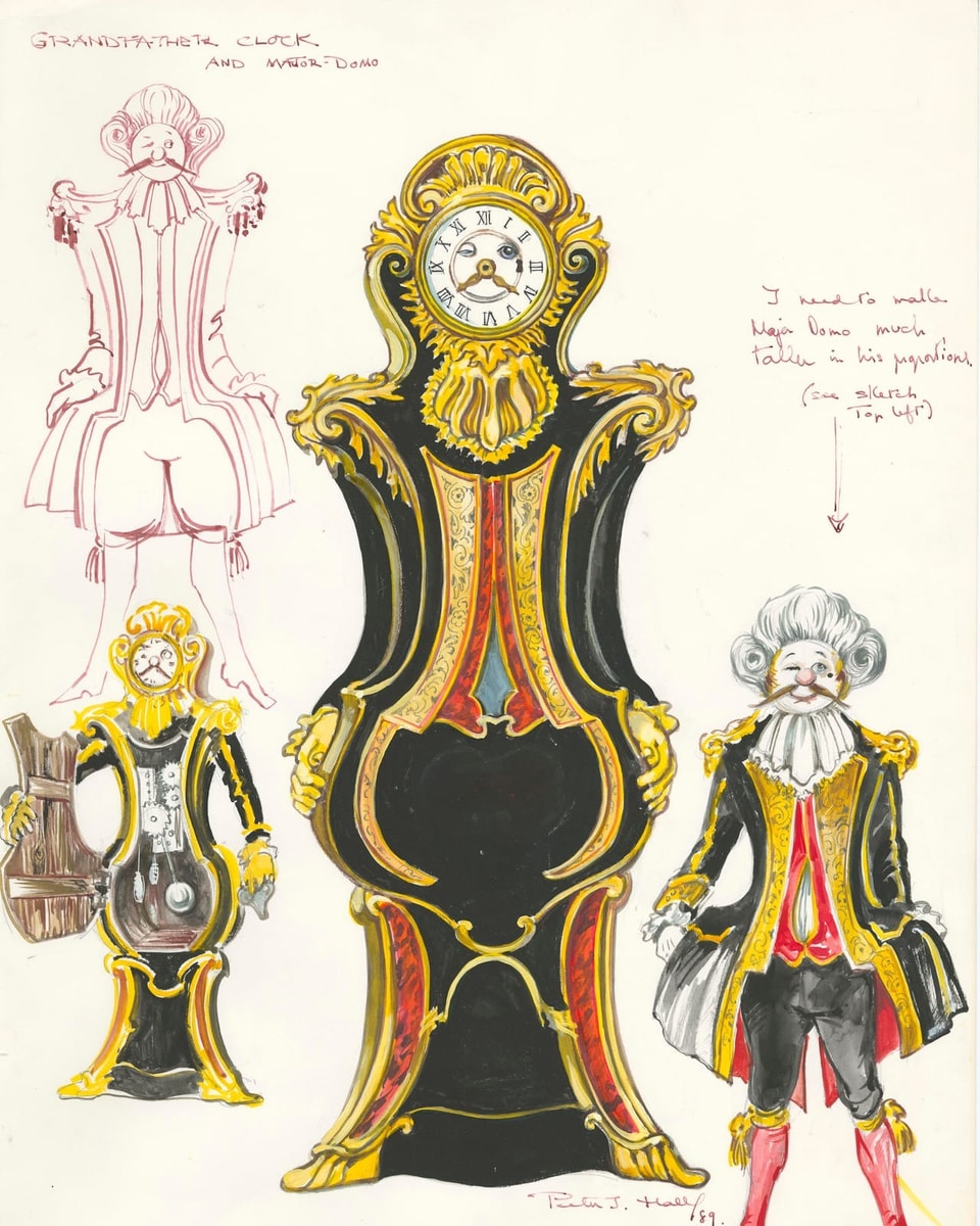 Zeichnung verschnörkelte Uhr in Mann-Form. In der Mitte eine grosse gelb-schwarze Skizze