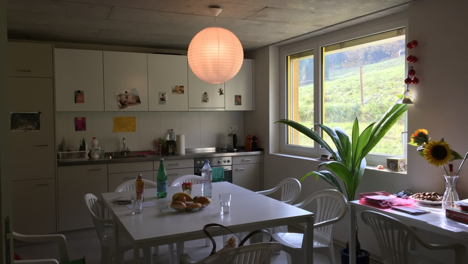Die Küche des Allergikerhauses: Zwei Tische stehen im Raum, auf dem einen eine Sonnenblume, auf dem andere Getränkeflaschen.