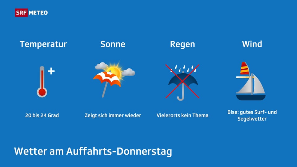 Grafik zur Wettervorhersage an Auffahrt mit Symbolen und Texten für Temperatur, Sonne, Regen und Wind