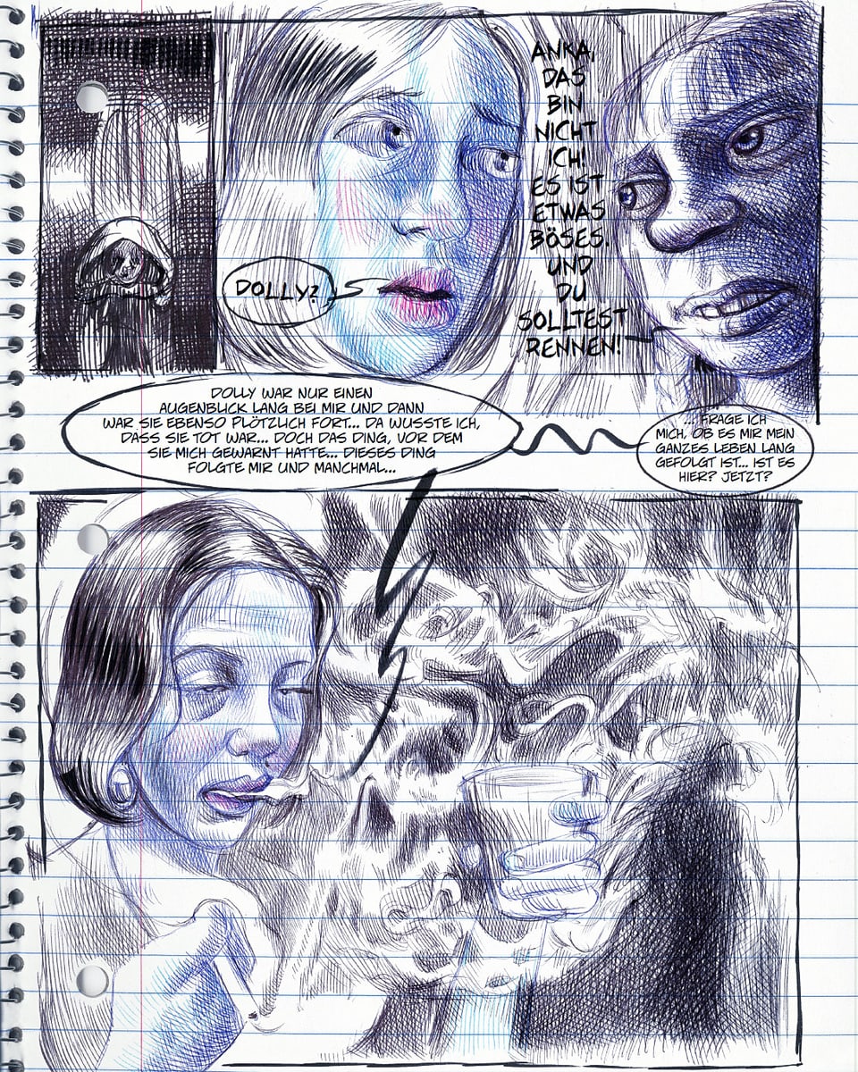 Ausschnitt aus einer Graphic Novel: auf einer Notizheftseite sind blau-schwarze Gesichter gemalt.