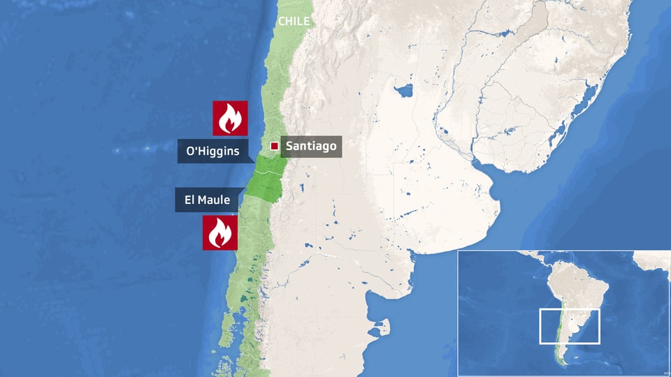 Illustrierte Karte mit den eingezeichneten Regionen O'Higgins und El Maule und der Hauptstadt Santiago