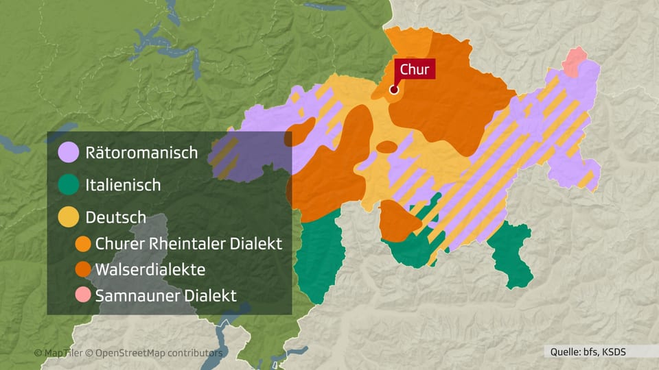Die unterschiedlichen Sprach- und Dialektregionen Graubündens sind verschieden eingefärbt.
