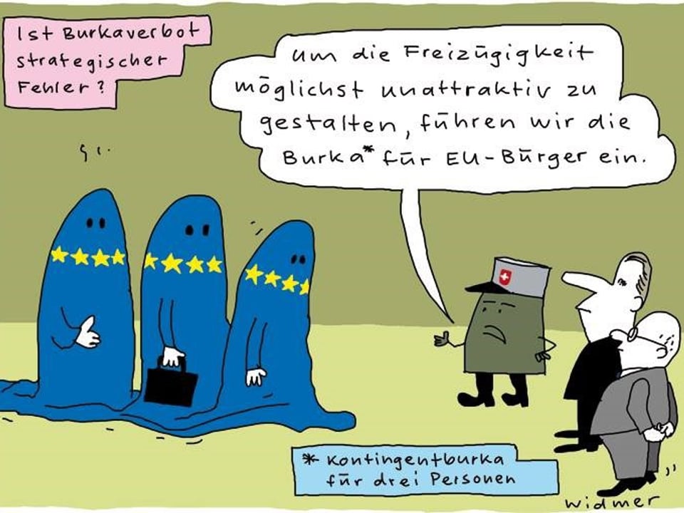 Karikatur mit 3 Frauen, die eine "EU-Burka" (blau mit gelben Sternen) tragen.