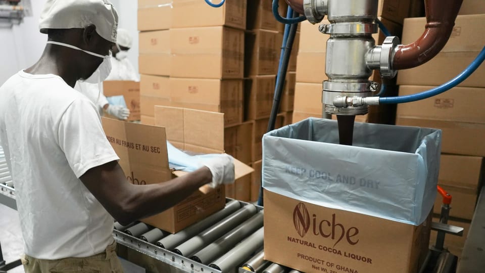 Die lokale Firma Niche Cocoa in Tema stellt täglich bis zu 60 Tonnen Kakaomasse her.