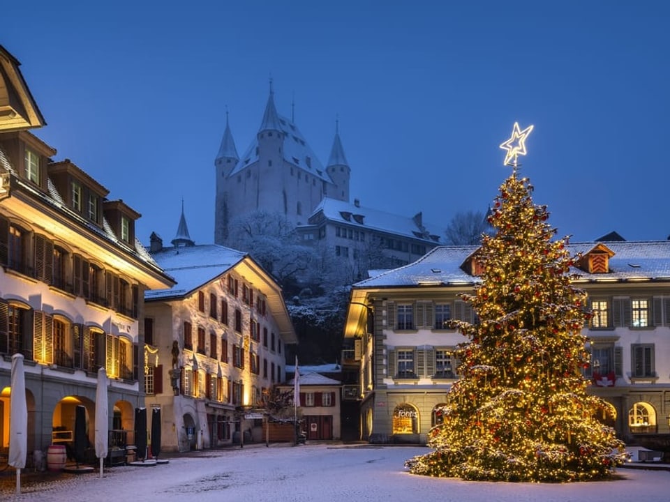 Verschneite Altstadt mit Schloss und Christbaum.