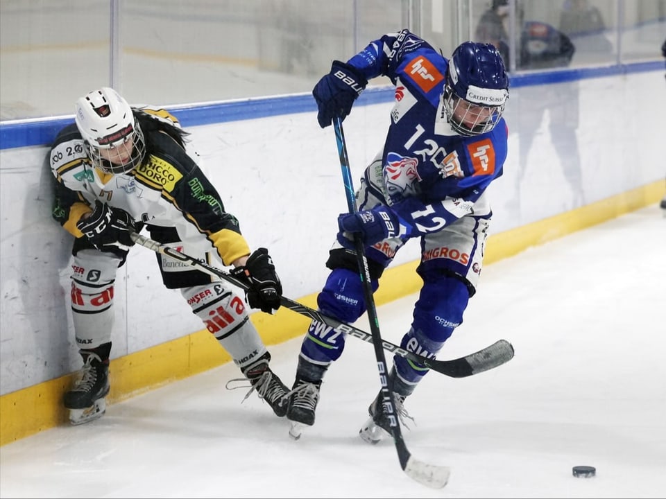 Zwei Frauen-Hockeyspielerinnen kämpfen um den Puck