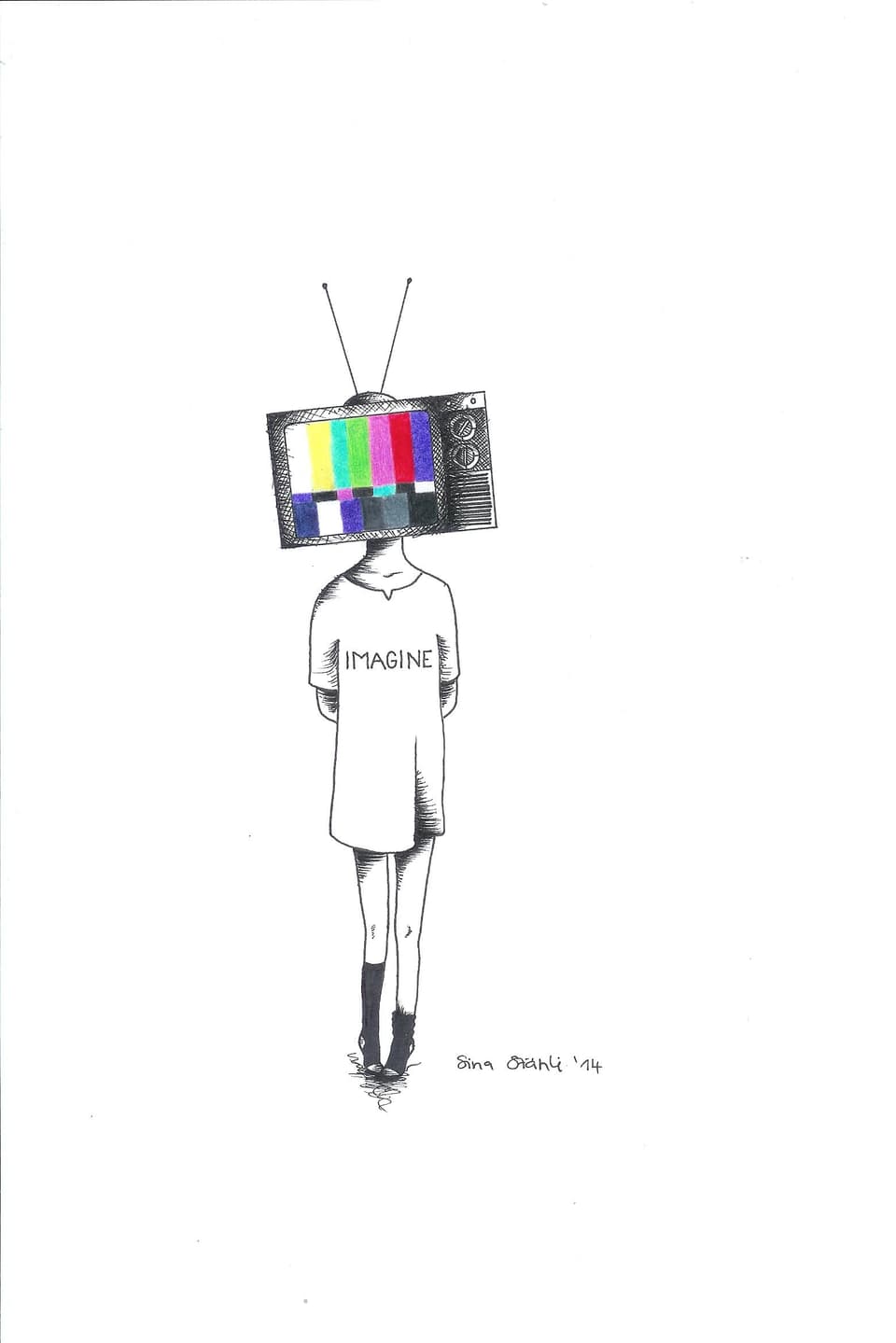 schwarzweiss gezeichnete Figur mit farbigem Fernsehgerät vor dem Kopf